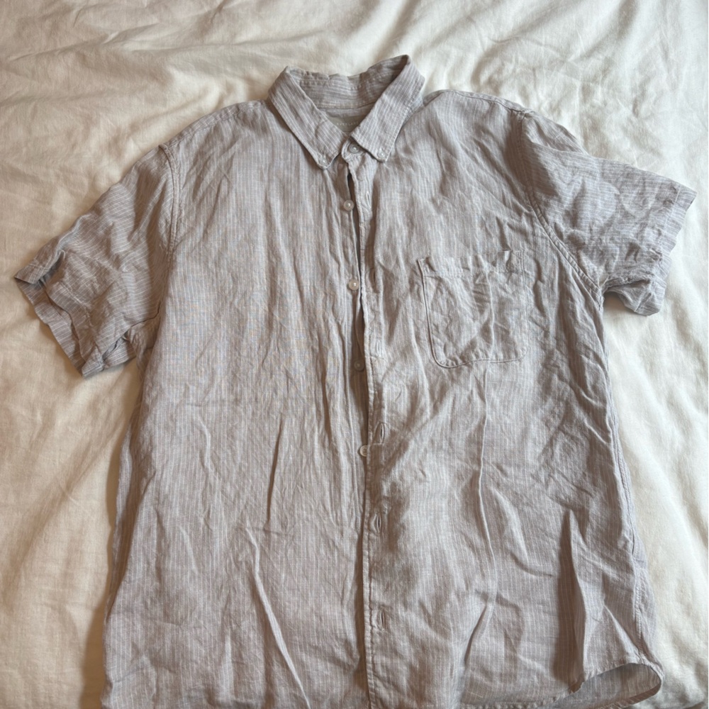 Everlane Classic Short Sleeve Shirt in Linen - Stone/White - M